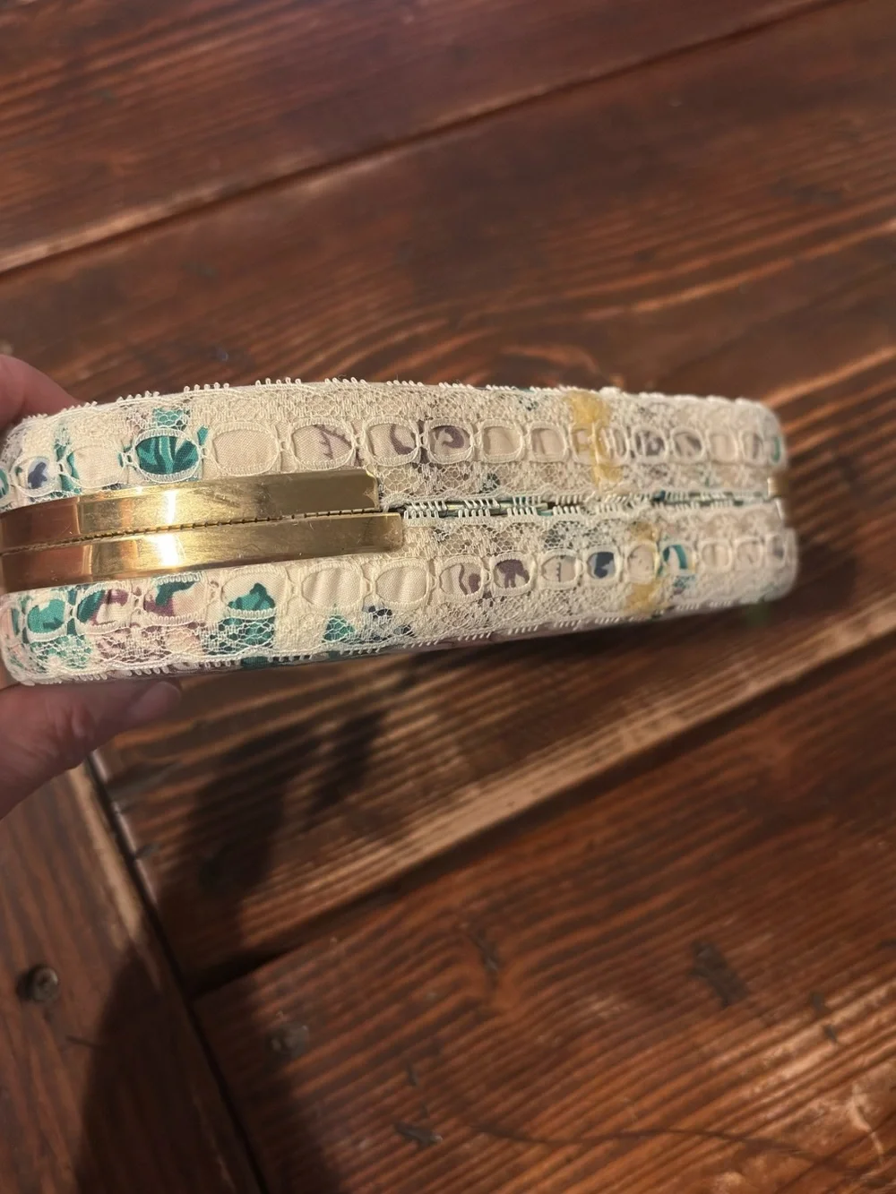 Vintage Floral Fabric withGold & Lace Accent Oval Jewelry Case 8”x4”